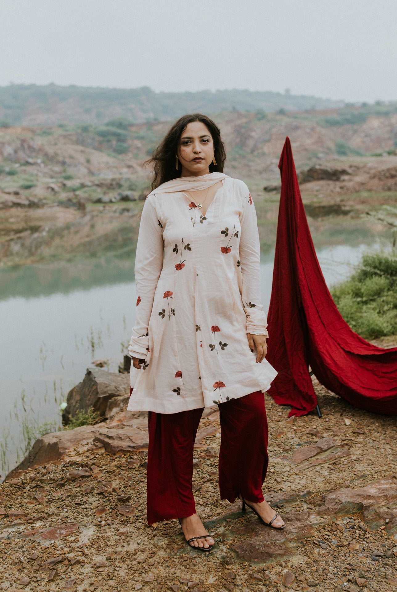 Handpainted Rose Garden Mulmul Kurta Set